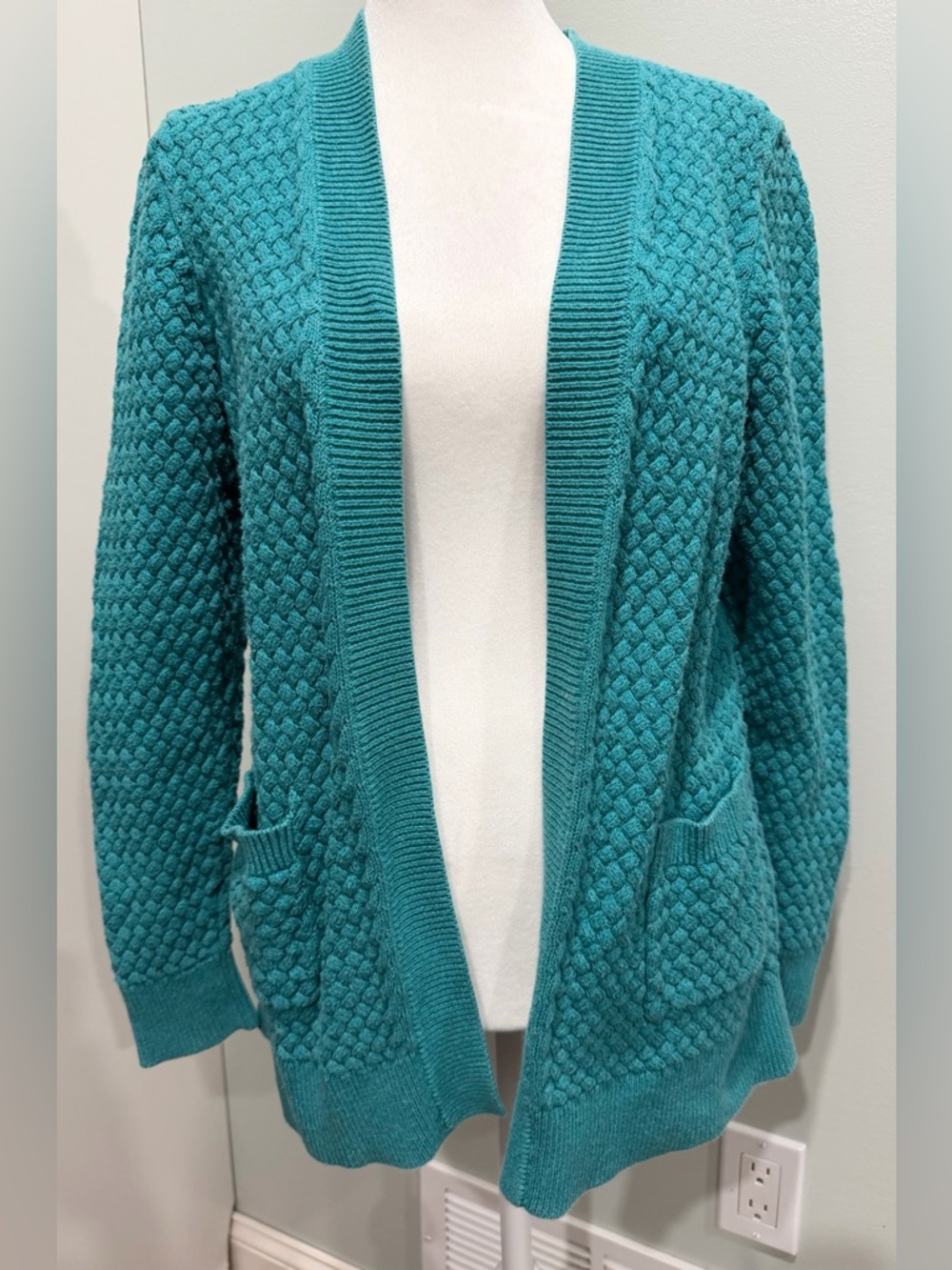 LL Bean Sweater Womens Medium Petite Teal Seed Stitch Knit Open Front Cardigan
